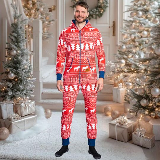 Discover Adult Ugly Christmas Sweater Jumpsuit, Red Holiday Onesie, Festive Hooded Pajamas, Reindeer Tree Pattern Sleepwear