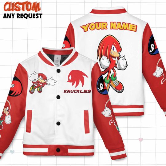 Personalized Sonic the Hedgehog Baseball Jacket, Knuckles Kids Youth Adult Varsity Jacket