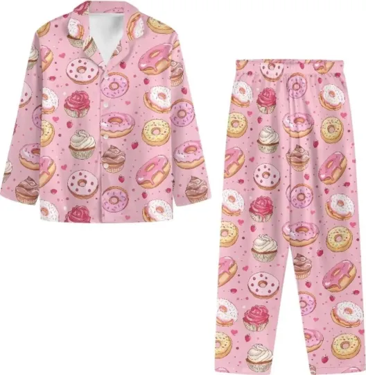 Discover Pink Donut Pattern Pajama Set for Adults, Christmas Sleepwear, Dog Lover Gift