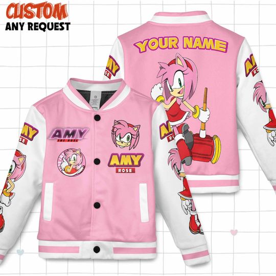 Personalized Sonic the Hedgehog Baseball Jacket, Amy Rose Kids Youth Adult Varsity Jacket