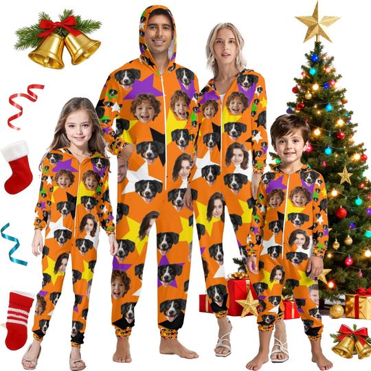 Personalized Dog Face Hooded Zipper One-Piece Pajamas,Customized Family Onesie Pajamas,Family Pajamas Christmas Gifts,One-piece Zipper Pjs