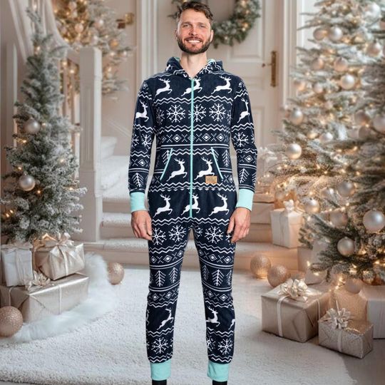 Discover Dark Blue Reindeer Christmas Onesie, Adult Holiday Jumpsuit, Festive Snowflake Pajamas, Winter Nordic Sleepwear Gift
