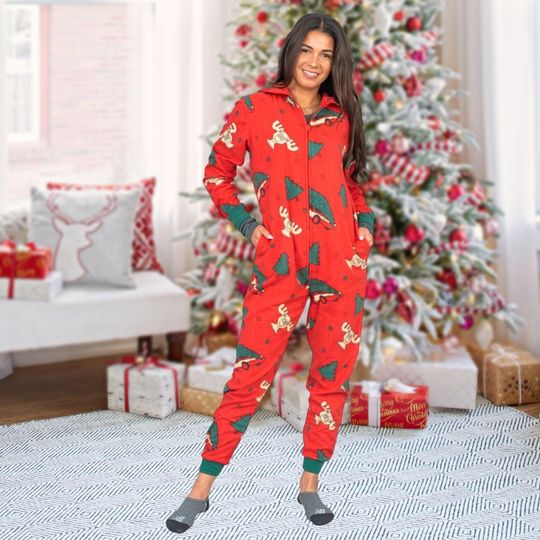 Discover Red Reindeer Christmas Onesie, Adult Holiday Jumpsuit Pajamas, Festive Hooded Sleepwear, Xmas Family Matching Outfit