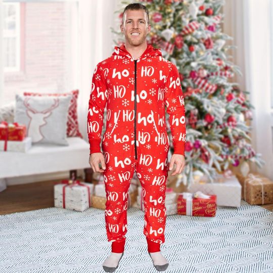 Discover Red HO HO HO Christmas Onesie, Adult Holiday Jumpsuit, Festive Hooded Pajamas, Family Matching Sleepwear, Winter Loungewear