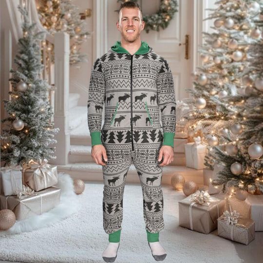 Discover Adult Gray Christmas Onesie, Ugly Sweater Pattern Jumpsuit, Nordic Reindeer Pajamas, Festive Hooded Loungewear Gift