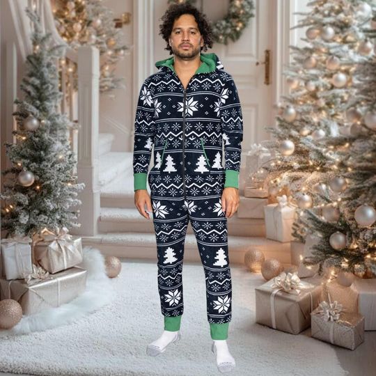 Navy Blue Christmas Onesie, Adult Ugly Sweater Jumpsuit, Snowflake Tree Pajamas, Festive Hooded Loungewear, Holiday Gift