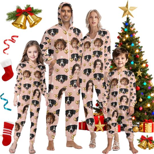 Customized Onesie Pajamas Kids Adult,Personalized Dog Face Hooded Zipper One-Piece Pajamas,Hearts Pattern Pajamas,Christmas Pajamas Gift