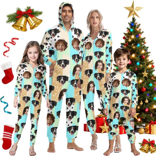 Family Pet Pajamas,Personalized Dog Face Hooded Zipper One-Piece  ,Customized Pjs Photos,Family Onesie Pajamas,Christmas Gifts