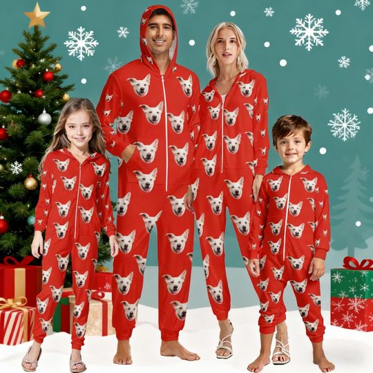 Custom Onesie Pajamas Adult Kids,Personalized Face PJS with Photo,Custom Photo Family Personalize One Piece Hooded PJS,Christmas Best Gifts