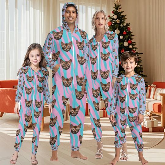 Custom Hooded Zipper One-Piece Kids Adult, Family Face Pajamas,Dog Photo Christmas Sleepwear Set,Personalized Family Photo Pajamas