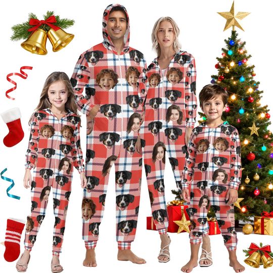 Custom Photo Matching Family Pajamas,Personalized Face Pajamas Set,One-piece Zipper Pajamas,Christmas Party Pjs Gift for Family Lover