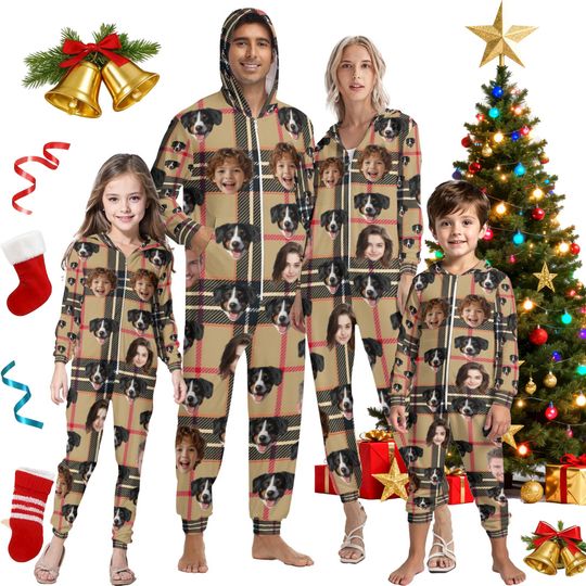 Custom Pet Face Onesie Pajamas,Matching Family & Dog Pajama Set,One-piece Zipper Pajamas Kids Adult,Family Pajamas Christmas Gifts