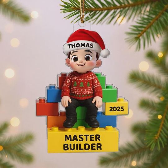 Discover 2D Flat Little Kid Master Builder Personalized Acrylic Ornament, Custom Lego Christmas Ornament, Gift for Boys Girls Kids