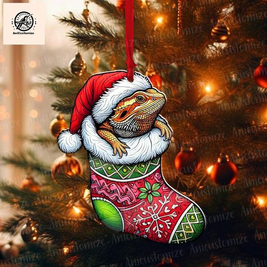 Bearded Dragon Christmas Ornament, Acrylic Reptile Stocking Decor