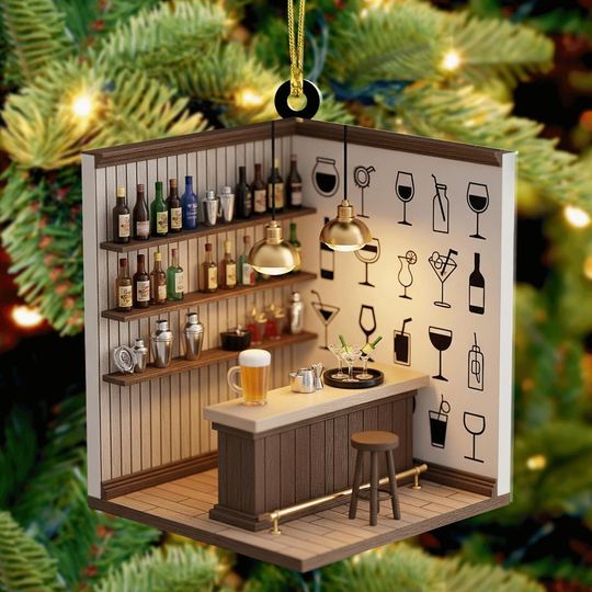 Discover Mini Bar Christmas Ornament  Tiny Pub Scene Tree Decoration for Bartender, Mixologist, Beer Lover, Home Bar Owner, Cocktail Enthusiast