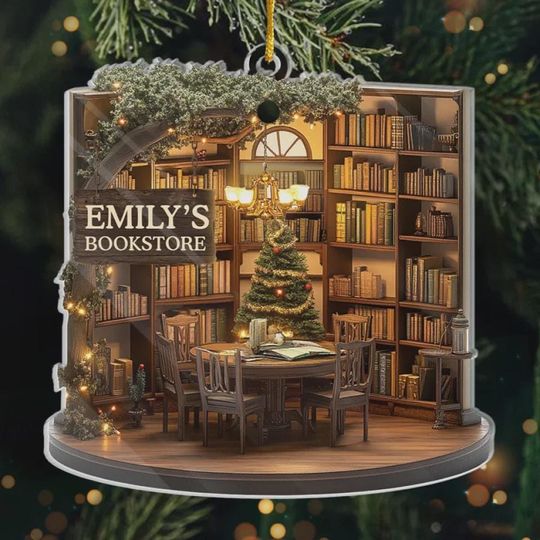 Happy Place Bookstore Ornament - Personalized Acrylic Ornament for Book Lovers, Readers, Book Club Gift, Cozy Reading Room Christmas Decor