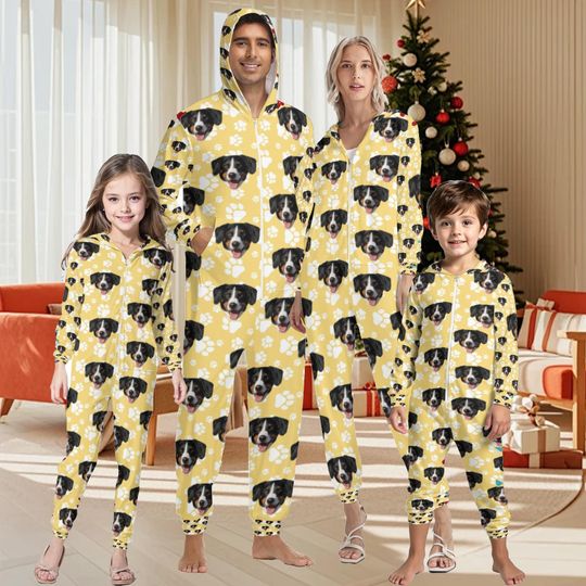 Custom Onesie Pajamas Kids Adult, Personalized Dog Face Hooded Zipper One-Piece Pajamas, Custom Pjs Photos,Family Pajamas Christmas Gifts