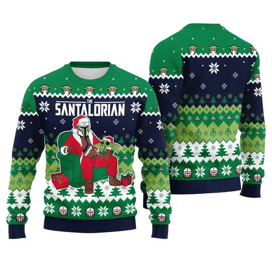 Discover Santalorian Christmas Sweater, Ugly Starwars Mandalorian Sweater with Baby Yoda, Funny Retro Holiday Jumper, Gift for Fans 2025