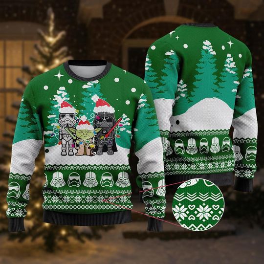Discover Galactic Warrior Ugly Christmas Sweater, Star Wars Xmas Sweatshirt, Stormtrooper Yody Dath Vader Shirt, Funny Space Holiday Knit Sweate
