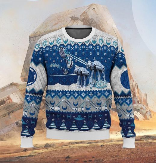 Discover Blue Galactic Christmas Sweater, AT-AT Walker Holiday Sweatshirt, Space Battle Ugly Xmas Jumper, Funny Winter Gift for Sci-Fi Fans