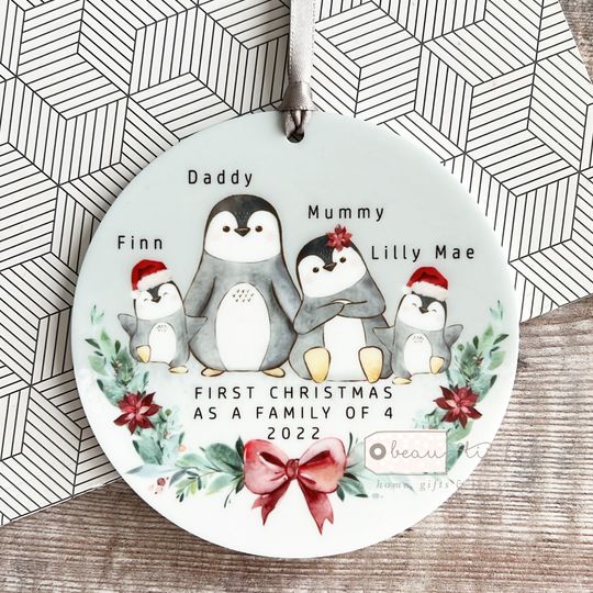 Discover Personalised 1st First Christmas as family of 3 4 5 Penguin Mummy Daddy Mammy Mommy Baby Greenery Acrylic Or ceramic Ornament Keepsake