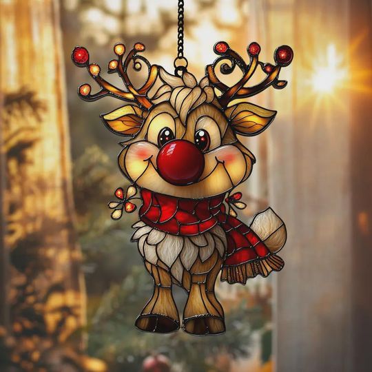 Discover Cute Reindeer 2025 Christmas Ornament  Acrylic Window Hanging Faux Stained Glass Suncatcher, Gift For Kids & Family