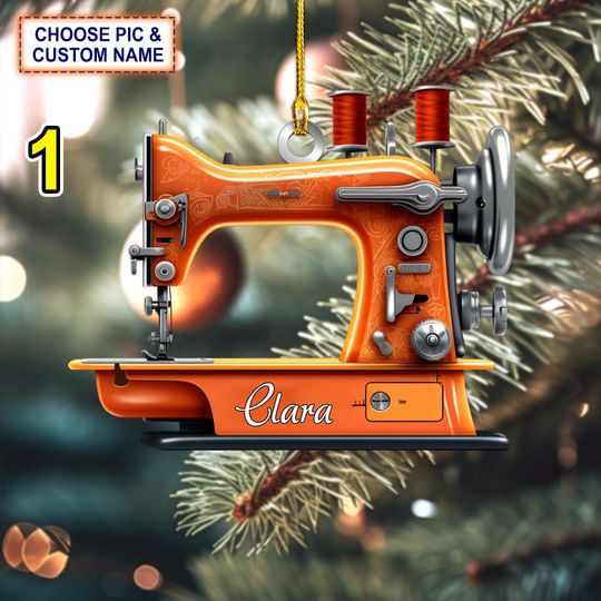Discover Custom Name Sewing Machine Christmas Ornament, Christmas Tree Hanging Decor, Flat 2D Ornament Acrylic/ Wooden, Gift For Sewing Lovers