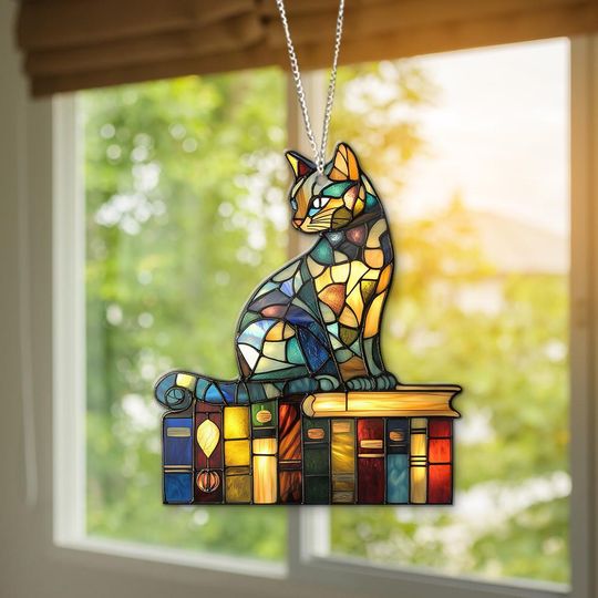 Discover Cat Book Ornament: Acrylic Window Hanging, Book Lover Gift