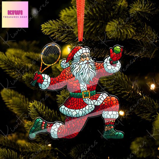 Discover Santa Playing Tennis Ornament, Acrylic Flat Christmas Decoration