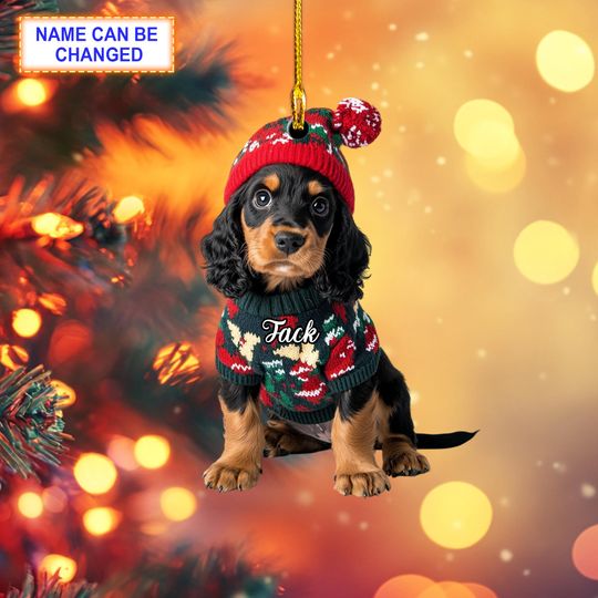Custom Name Black and Tan Cocker Spaniel Xmas Christmas Ornament, Christmas Tree Hanging Decor, Flat 2D Ornament Acrylic/ Wooden