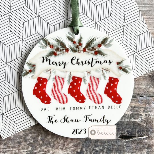 Discover Personalised Family Christmas gift Stockings Greenery Design Acrylic or ceramic Round Ornament Keepsake Tree decoration gift