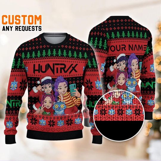 Discover Personalize Ugly Chrsitmas KDM Huntr/x Black ,Custom Girls Xmas Sweater Kpop, Saja Boys Sweatshirt, Christmas Kpop Costume Sweater