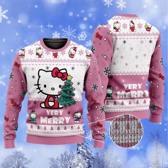 Hello Kitty Very Merry Ugly Sweater, Hello Kitty Ugly Knitted Christmas Sweater, Christmas 3D Print Ugly Sweater, Christmas Gifts