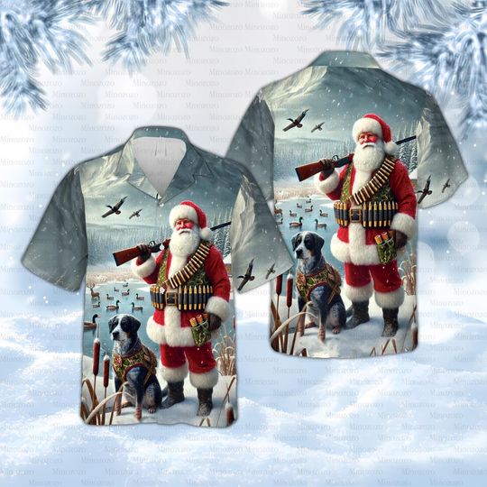 Camo Santa Christmas Hawaiian Shirt, Hunting Season Christmas Hawaiian Shirt, Christmas Dog Hunting Mallard Duck, Festive Christmas Gift