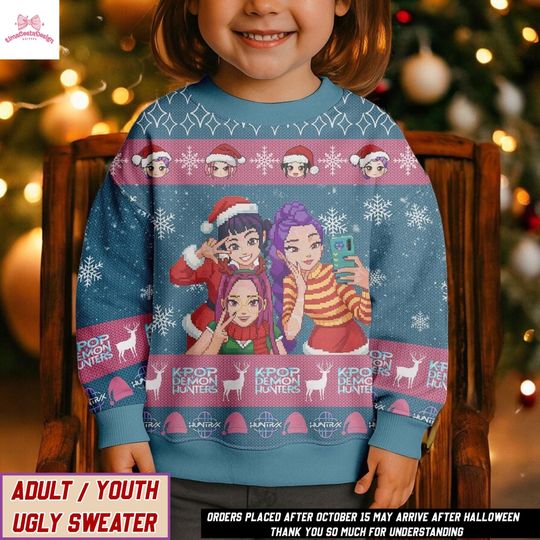 Huntrix Kpop Demon Hunters Ugly Christmas Sweater, Anime Girl Group Holiday Sweater, Cute Winter Knit, Adult Youth Matching Outfit