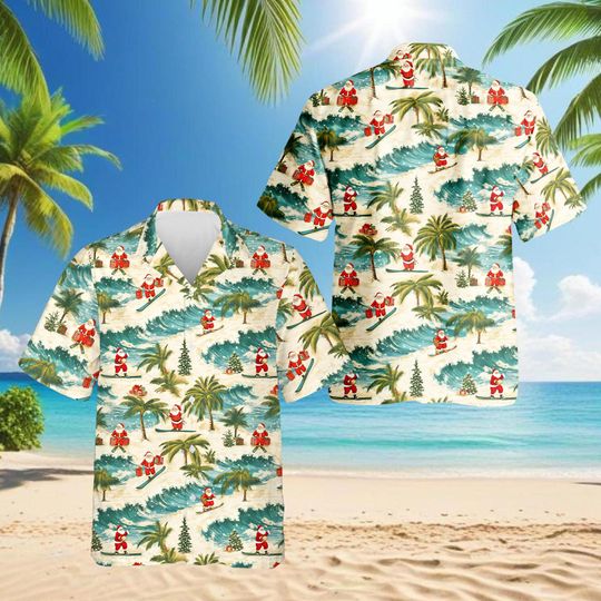 Discover Surfing Santa Christmas Hawaiian Shirt, Tropical Holiday Beach Aloha Shirt, Funny Santa Claus Surf Button Down, Retro Christmas Movie Party