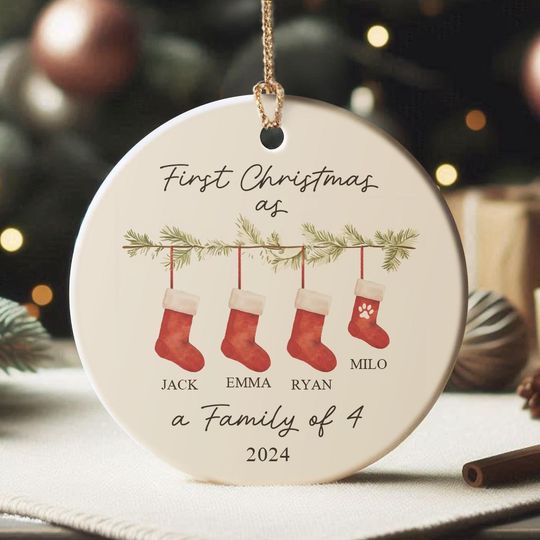 Discover Custom Family Christmas Stocking Ornament, First Christmas As a Family of 4 Ornaments, Personalized Family Ceramic Christmas Keepsake