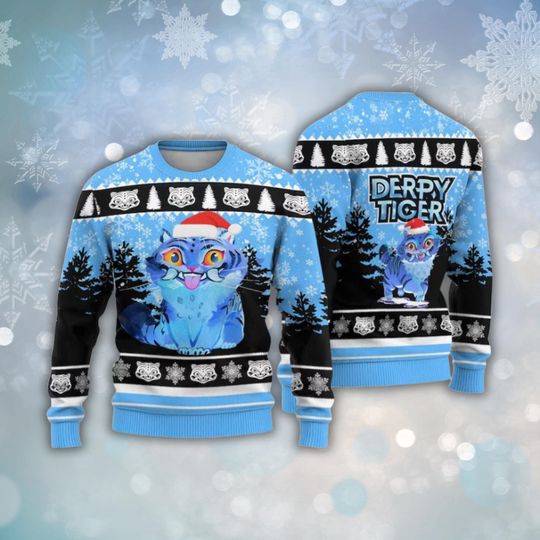 Discover Derpy Tiger Ugly Christmas Sweater, Cute Blue Tiger Santa Holiday Knit Jumper, Kawaii Winter Unisex Pullover, Funny Xmas Gift for Men Women