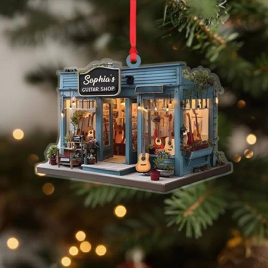 Discover 2D Guitar Shop Acrylic Ornament, Music Store Christmas Decor, Personalized Music Lover Gift, Guitar Player Tree Ornament