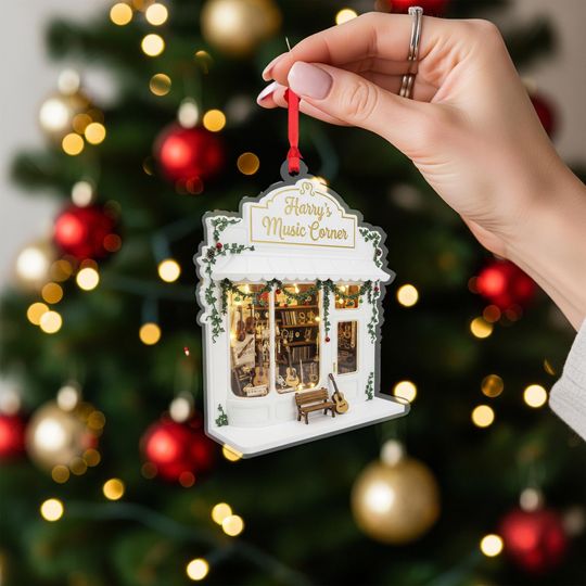 Discover Personalized Acrylic Ornament: Music Shop Facade, Custom Name