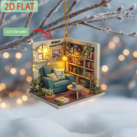 Discover Personalized Reading Nook Ornament: Custom Acrylic Book Lover Christmas Decor