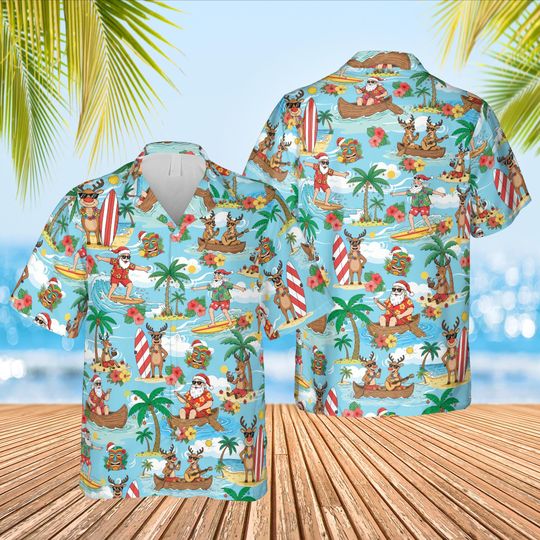 Santa Beach Christmas Hawaiian Shirt, Tropical Beach Christmas Holiday Button Up, Tropical Xmas Party Shirt, Aloha Christmas Vacation Gift
