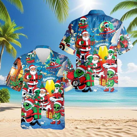 Discover Alien And Santa Claus At Christmas Hawaiian Shirt, Funny Holiday Aloha Shirt, Festive Xmas Shirt, Unisex Tropical Outfit