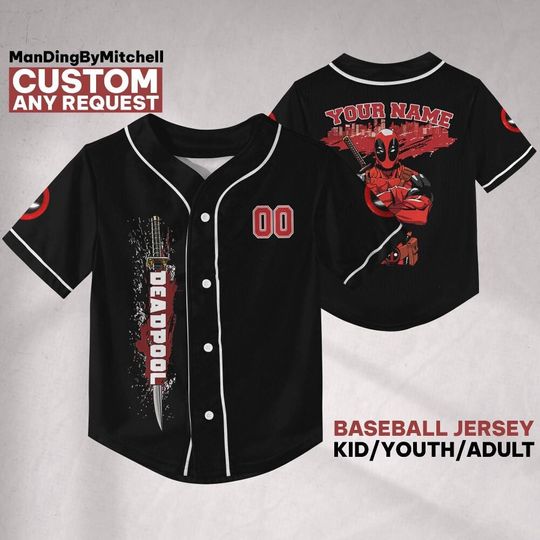 Discover Personalize Deadpool Blood Jersey, Hero Sport Shirt, Marvel Matching Baseball Team Outfit