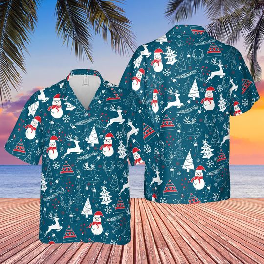 Discover Christmas Santa Snowman Reindeer Pattern Hawaiian Shirt, Aloha Christmas Button Down Shirt, Christmas Party, Christmas Holiday, Xmas Gift