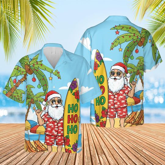 Discover Tropical Santa Christmas Hawaiian Shirt, Santa Surfing Christmas Aloha Button Up, Beach Santa Claus Vacation Shirt, Xmas Holiday Party Gift