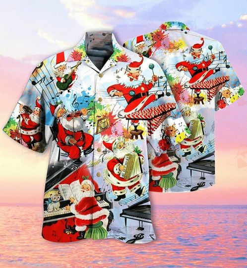 Discover Musical Santa Christmas Hawaiian Shirt, Funny Santa Music Band Aloha Shirt, Festive Holiday Party Button Down for Men and Women