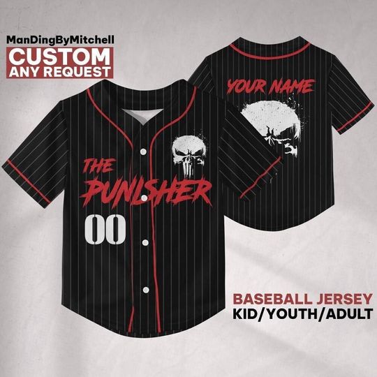 Discover Personalize Marvel Punisher Skull Baseball Jersey, Custom Kids Youth Adult Disney Baseball Jersey, Gift For Marvel Fan