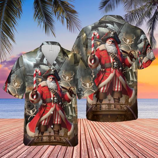 Discover Pirate Santa Hawaiian Shirt, Funny Christmas Pirates Hawaiian Shirt, Holiday Adventure, Festive Pirate Santa Holiday Vacation Christmas Gift