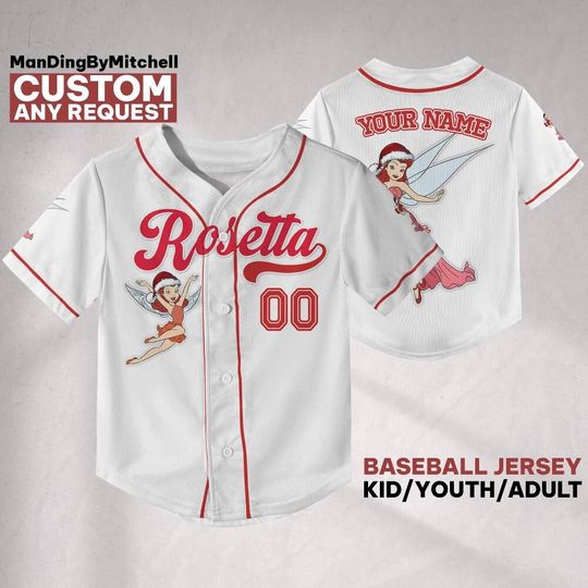 Discover Personalize Disney Tinkerbell Rosetta Fairy Christmas Baseball Jersey, Family Team Jersey, Disneyland Cute Birthday Gift